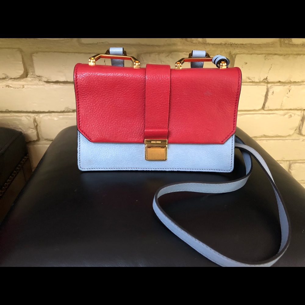 Miu Miu Bandoliera Madras Handbag in Fuoco + Cielo